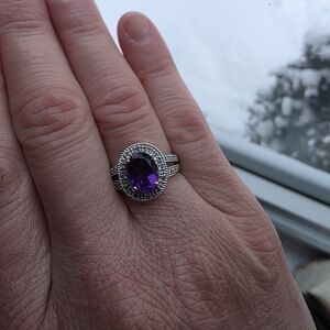 Amythest And Diamond  White Gold Ring